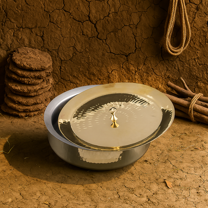 Traditional round brass lagan with wide base and polished golden-yellow finish, used for slow cooking rich Indian dishes.
