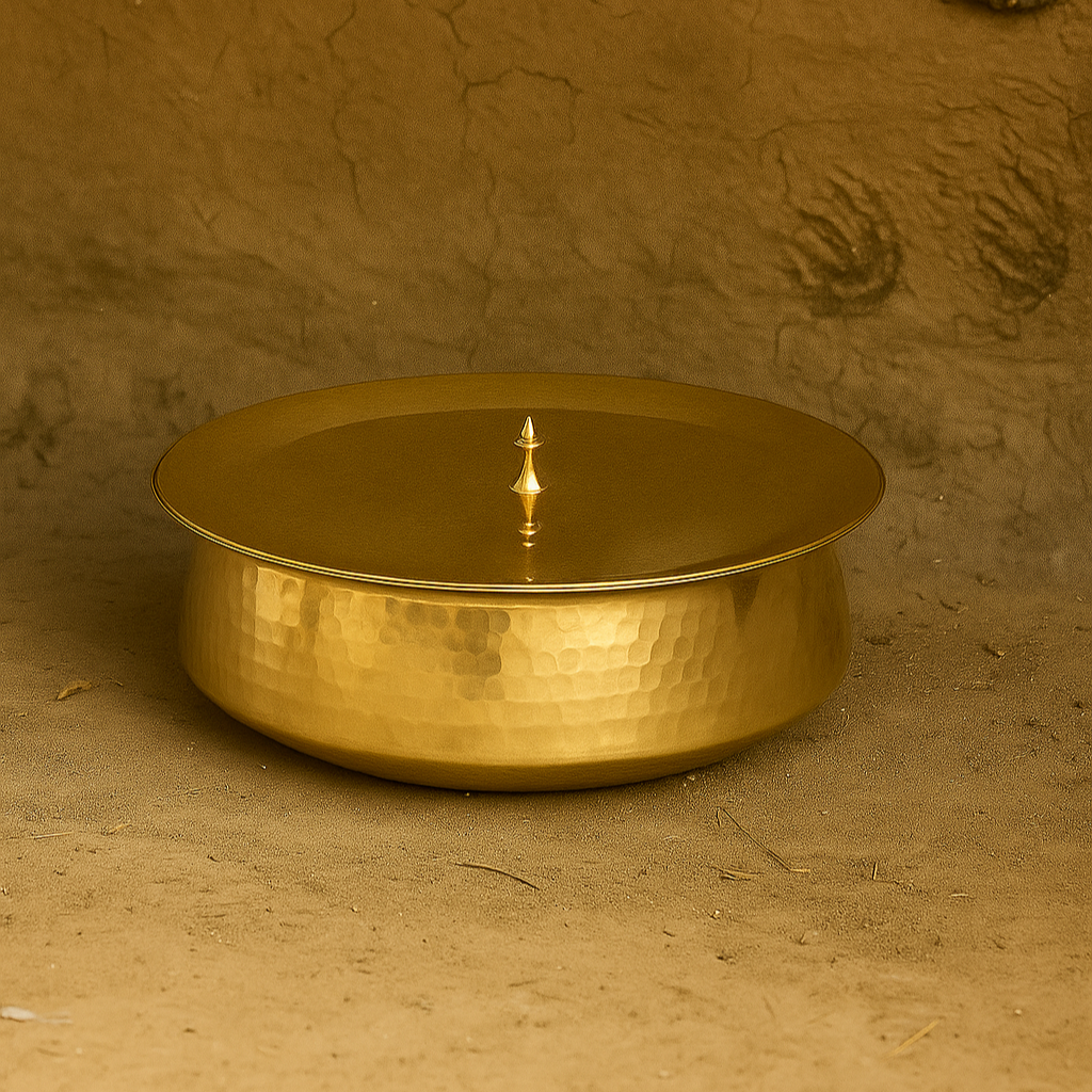Handcrafted brass lagan with smooth surface and curved sides, ideal for cooking biryani, korma, and festive meals