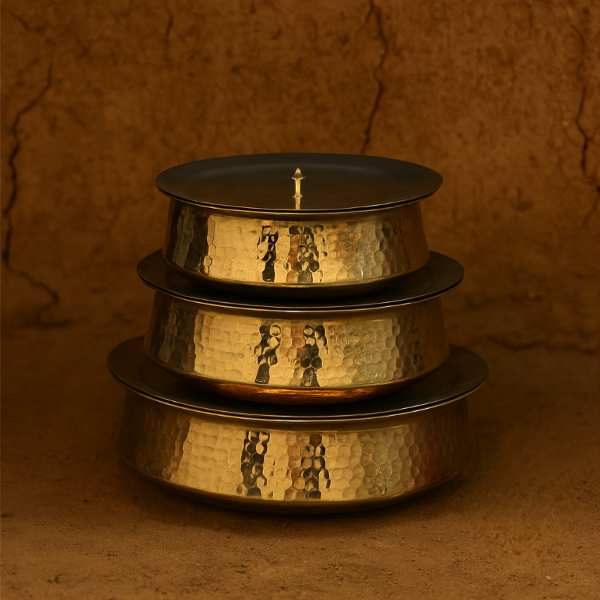 Polished brass lagan featuring twin side grips and a deep, sturdy build—used in North Indian households for large family meals.