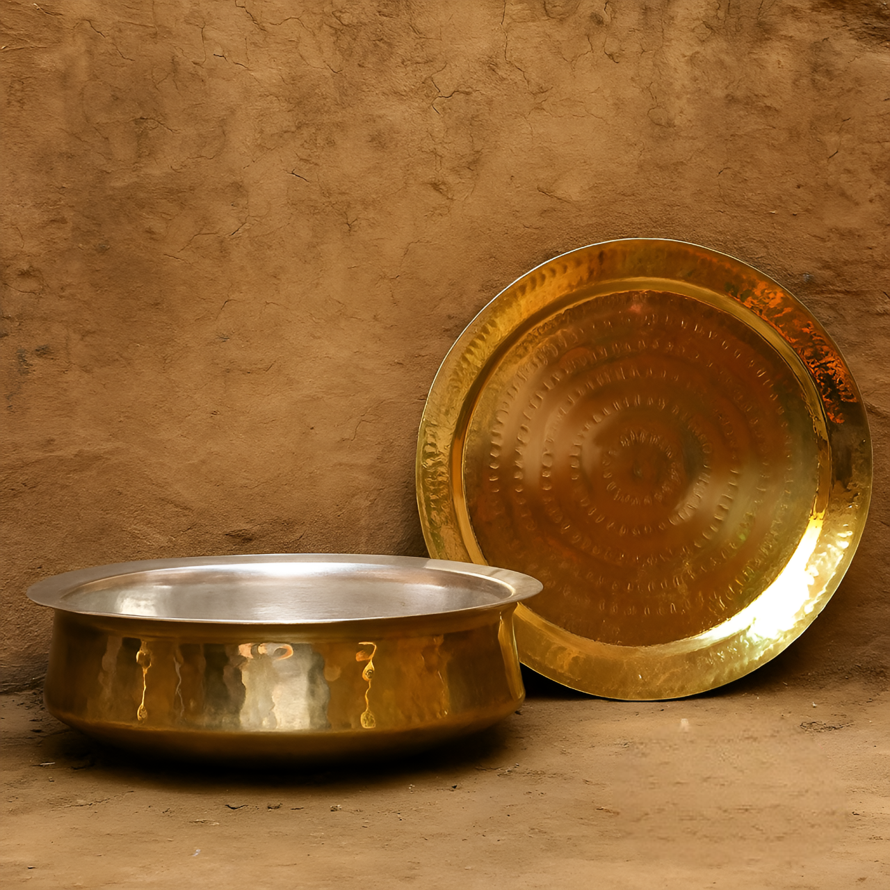 Authentic brass lagan vessel with rich golden tone, often used for slow-cooked dishes during weddings and religious feasts