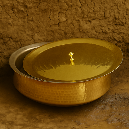 Wide, shallow brass lagan with antique patina and side handles, commonly used in Indian kitchens for dum-style cooking