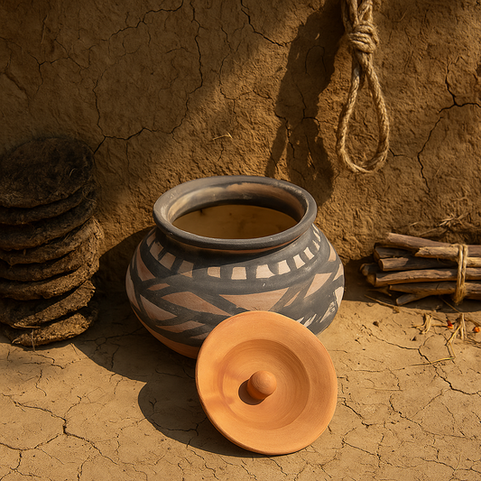 Traditional terracotta clay dal handi with a natural earthy finish, featuring a round belly and snug lid — ideal for slow-cooking dals and Indian curries with authentic flavor