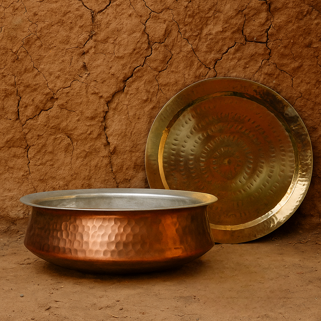 Authentic copper lagan vessel with deep reddish patina, used for cooking and serving traditional Indian dishes at weddings and special occasions