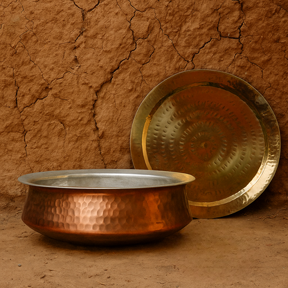 Authentic copper lagan vessel with deep reddish patina, used for cooking and serving traditional Indian dishes at weddings and special occasions