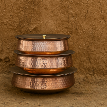 Authentic copper lagan vessel with deep reddish patina, used for cooking and serving traditional Indian dishes at weddings and special occasions