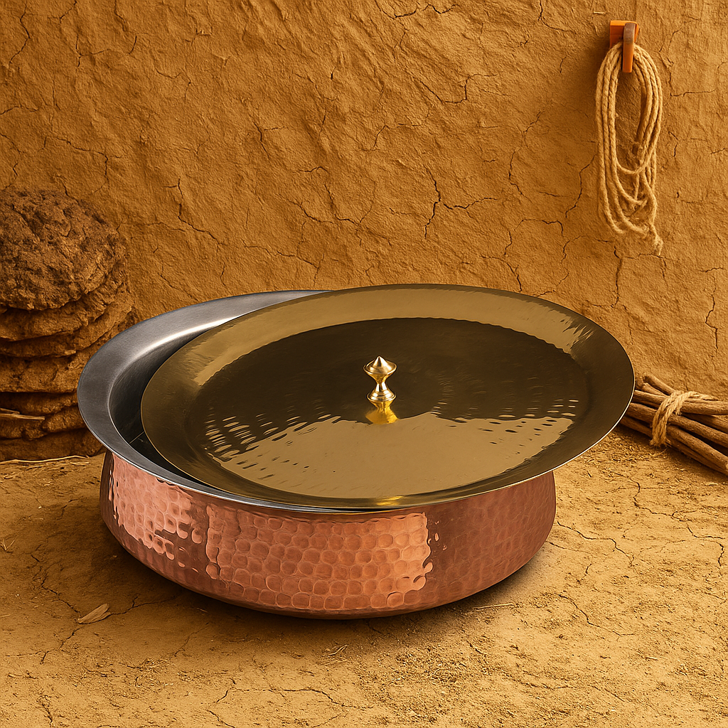 Traditional round copper lagan with wide base and slightly curved sides, polished to a rich reddish-brown finish, commonly used for slow cooking and serving Indian dishes.
