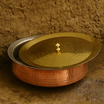 Wide, shallow copper lagan with antique finish, designed for slow cooking dishes like biryani, korma, and rich curries