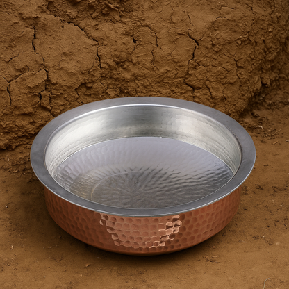 Polished copper lagan with twin side handles, reflecting a rustic charm and commonly used in North Indian kitchens.