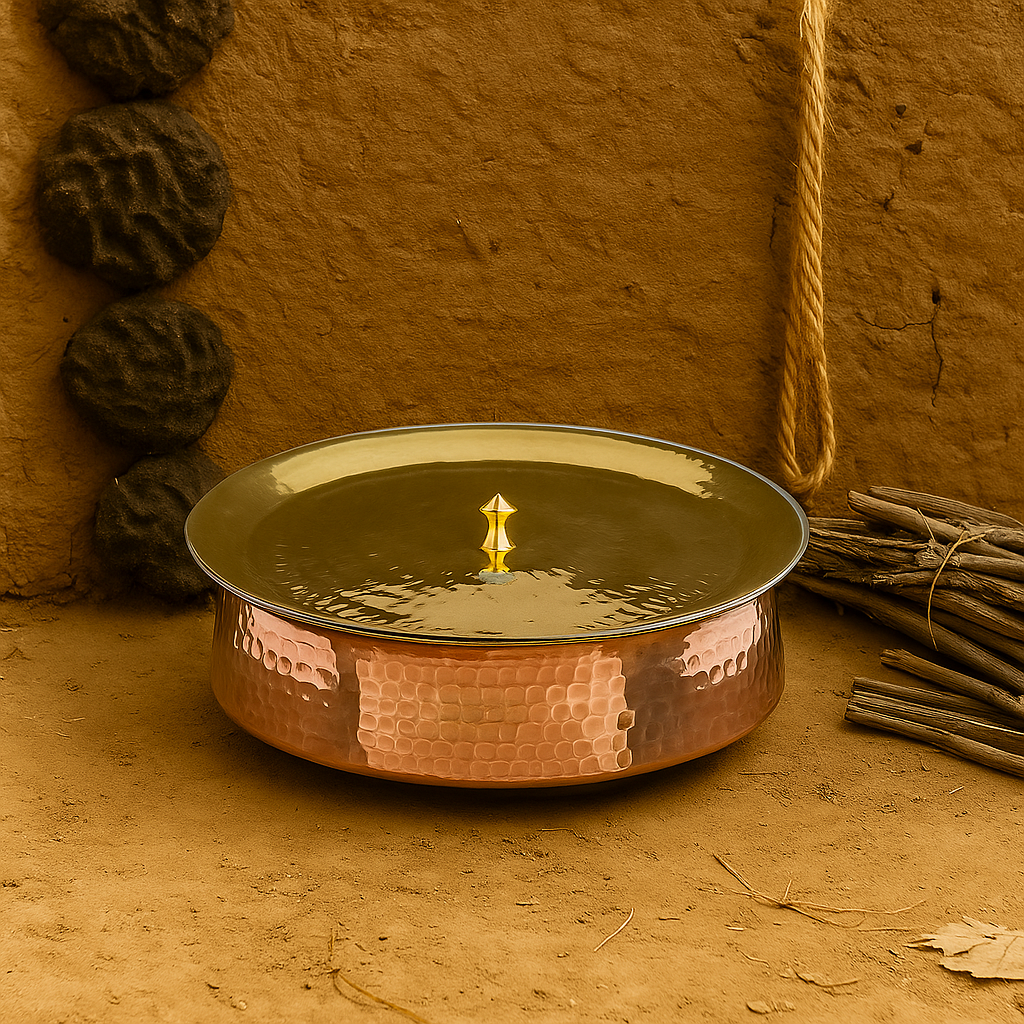 Handcrafted copper lagan with hammered finish and broad base, ideal for traditional Indian dum cooking and festive meals