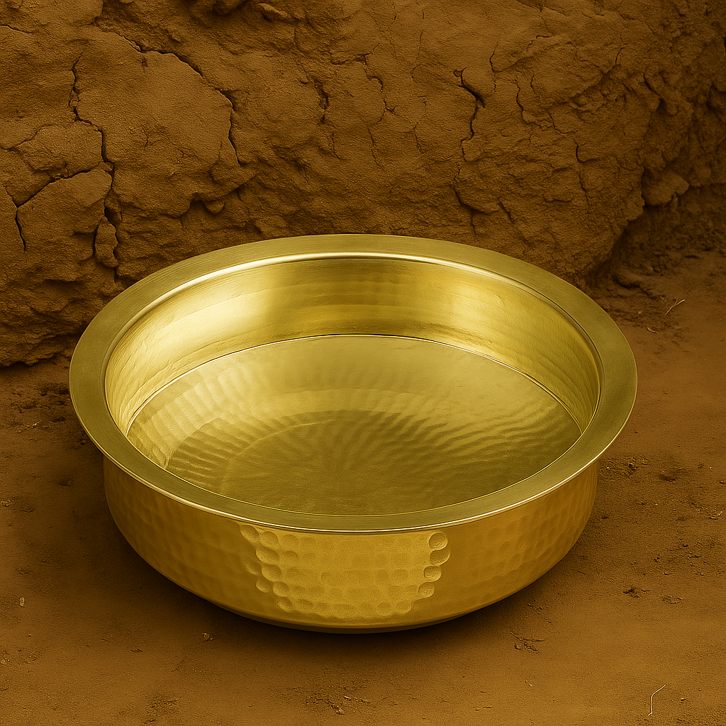 Elegant brass lagan with flat base and flared rim, perfect for traditional recipes and ceremonial cooking.