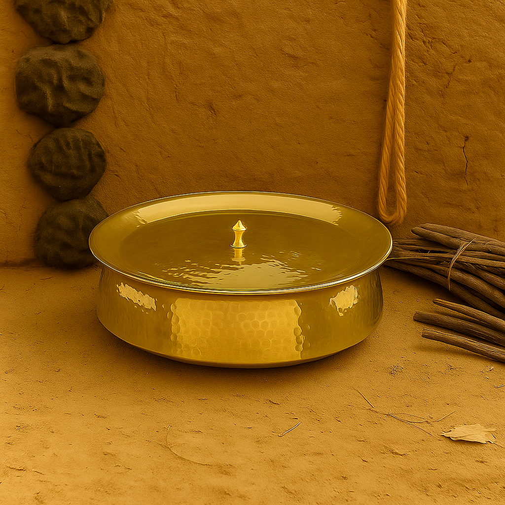 Handcrafted brass lagan with smooth surface and curved sides, ideal for cooking biryani, korma, and festive meals