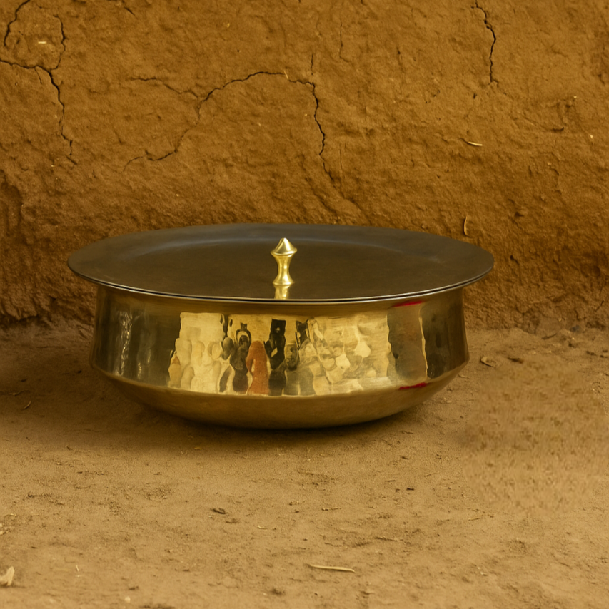 Authentic brass lagan vessel with rich golden tone, often used for slow-cooked dishes during weddings and religious feasts