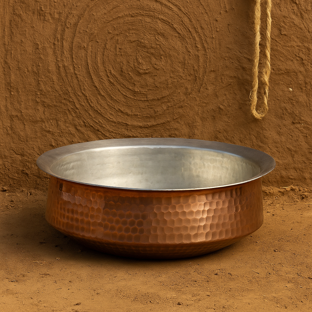 Traditional Indian copper lagan featuring a flat bottom and flared rim, perfect for ceremonial or family-style cooking